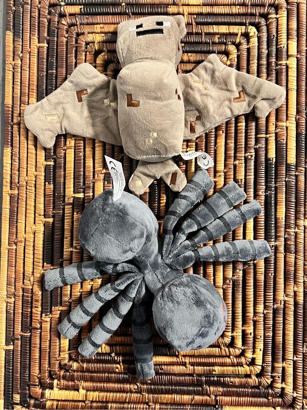 Minecraft brown bat & Gray Spider plush stuffed animal.